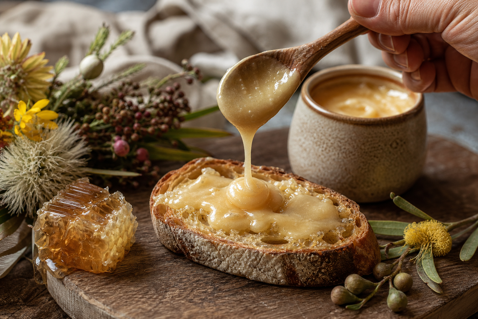 Creamed honey being scooped onto sourdough toast with native wildflowers
