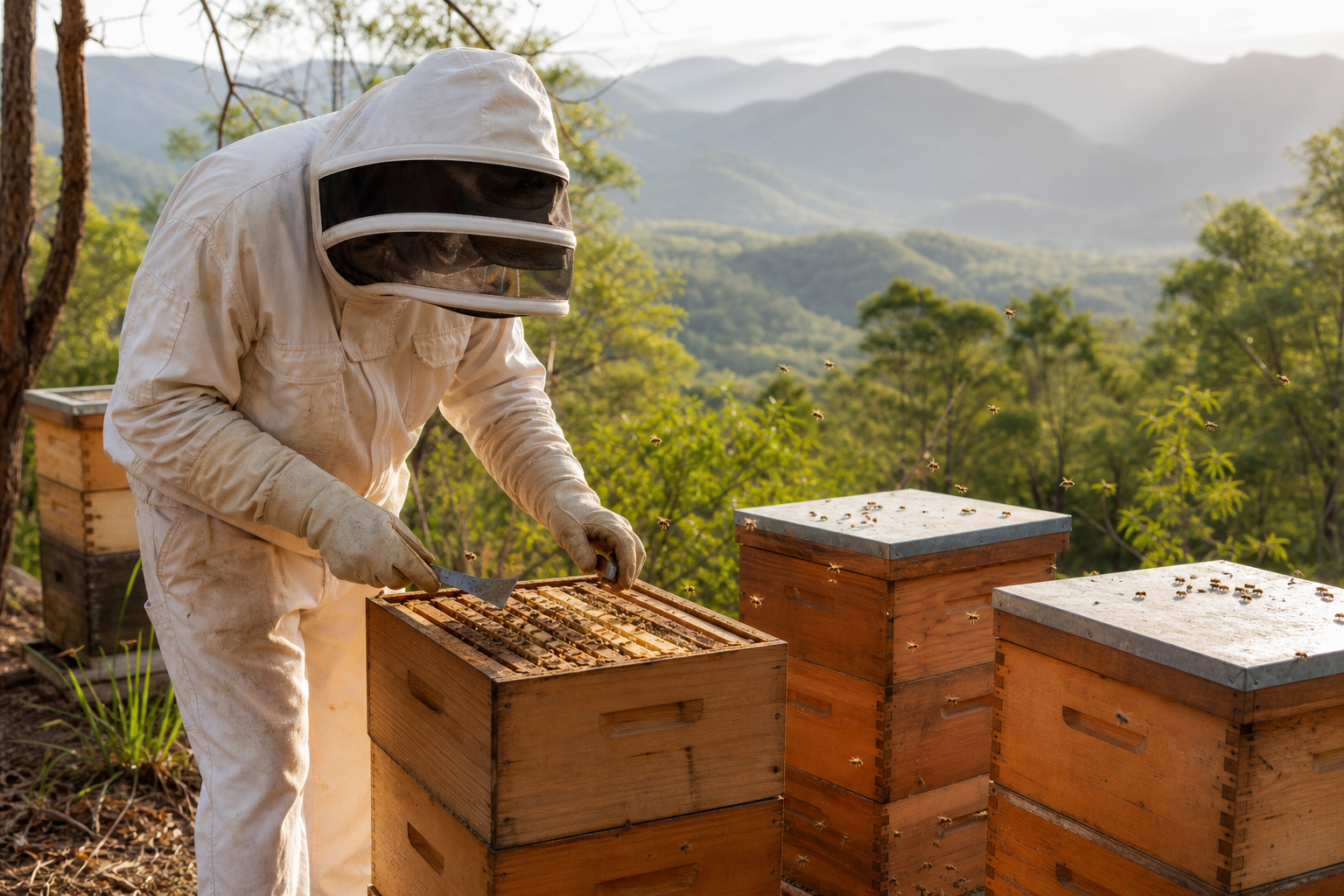 Beekeeper tending hives in Queensland hinterland landscape