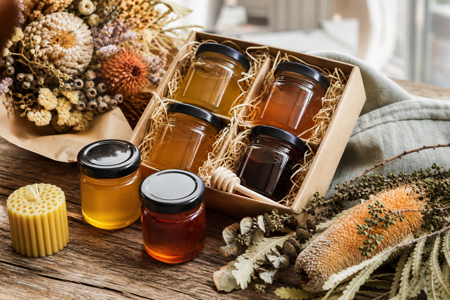 Artisan Queensland honey gift set with beeswax candle and native flowers