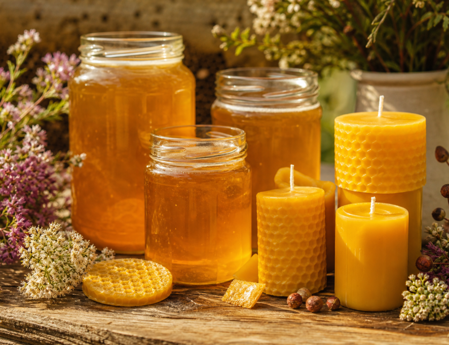 Beeswax candles and honey products from Queensland - golden candles alongside raw honey jars