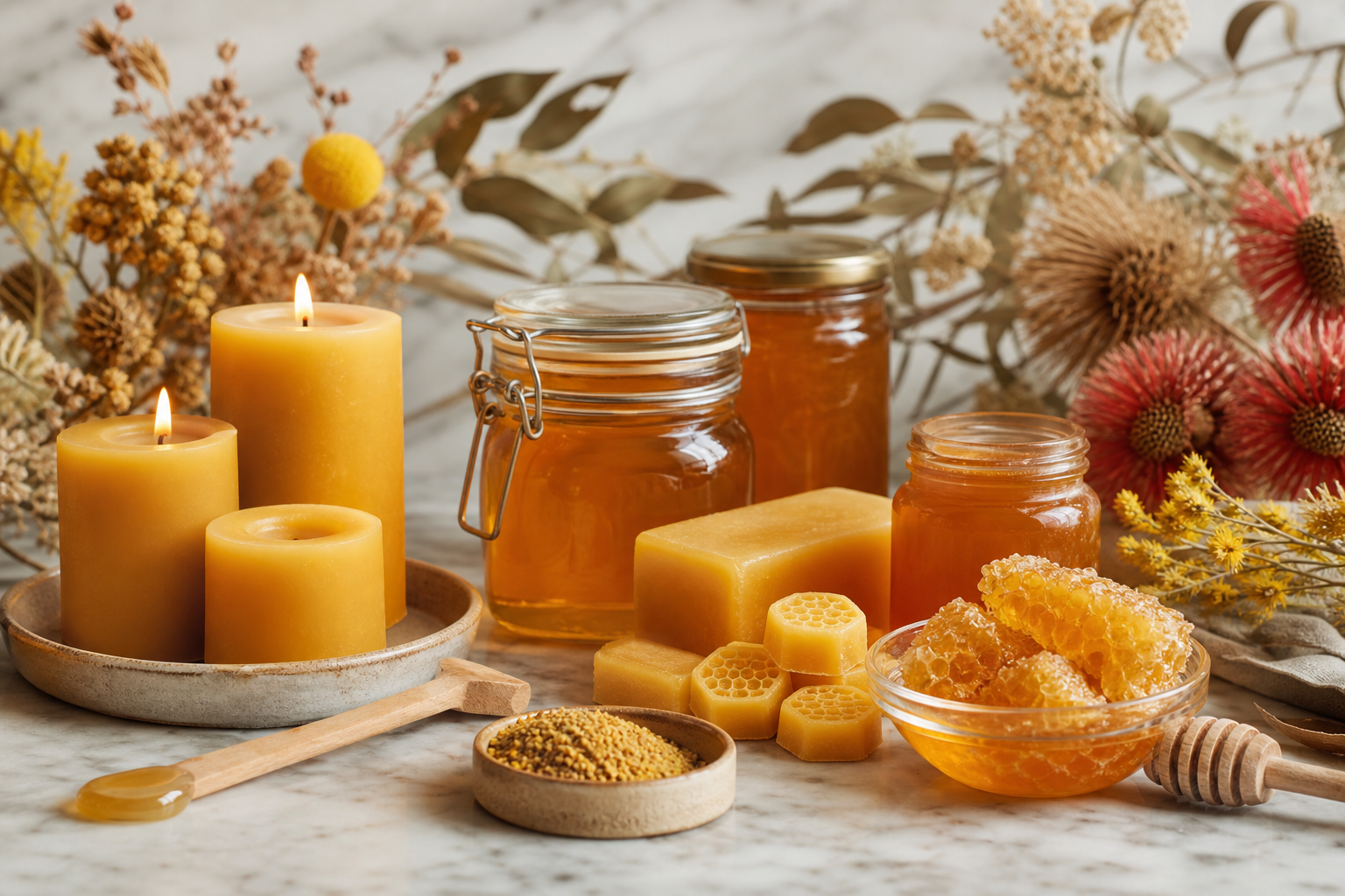 Assorted Queensland raw honey products and beeswax candles beautifully arranged