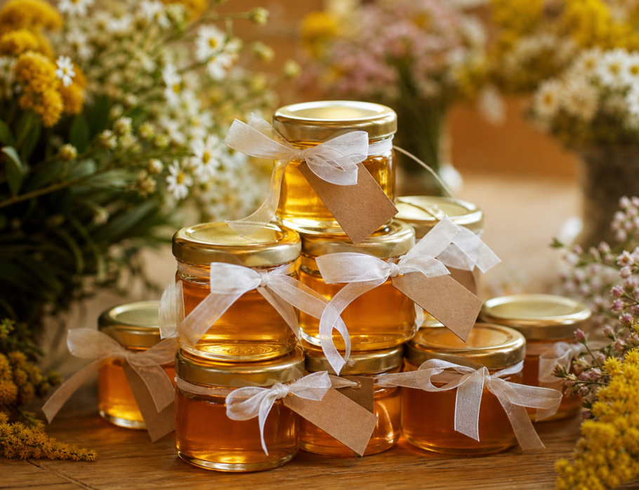 Honey wedding favours Gold Coast - small glass jars with ribbon and kraft tags