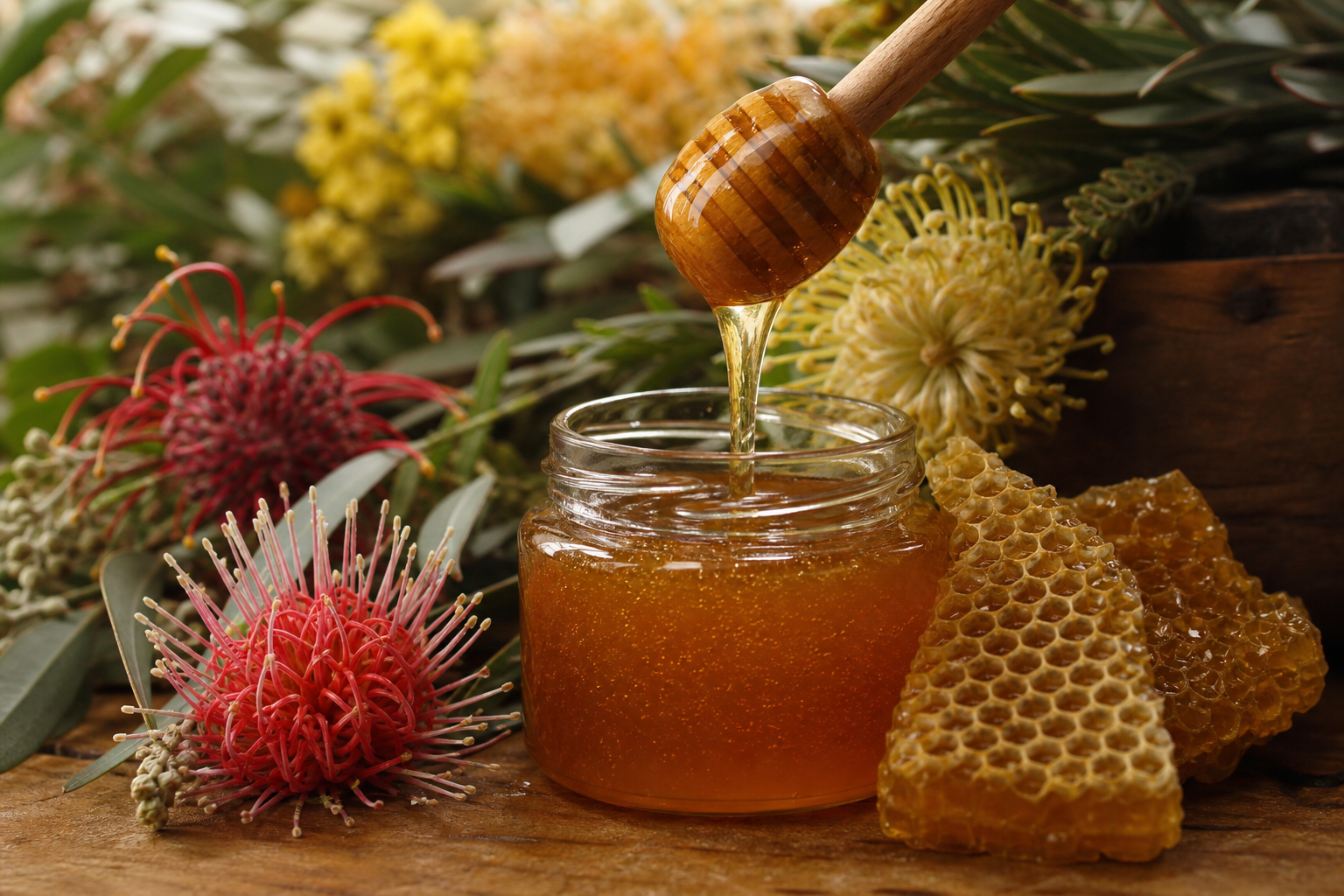 Golden raw honey poured into small jar surrounded by Australian native flowers