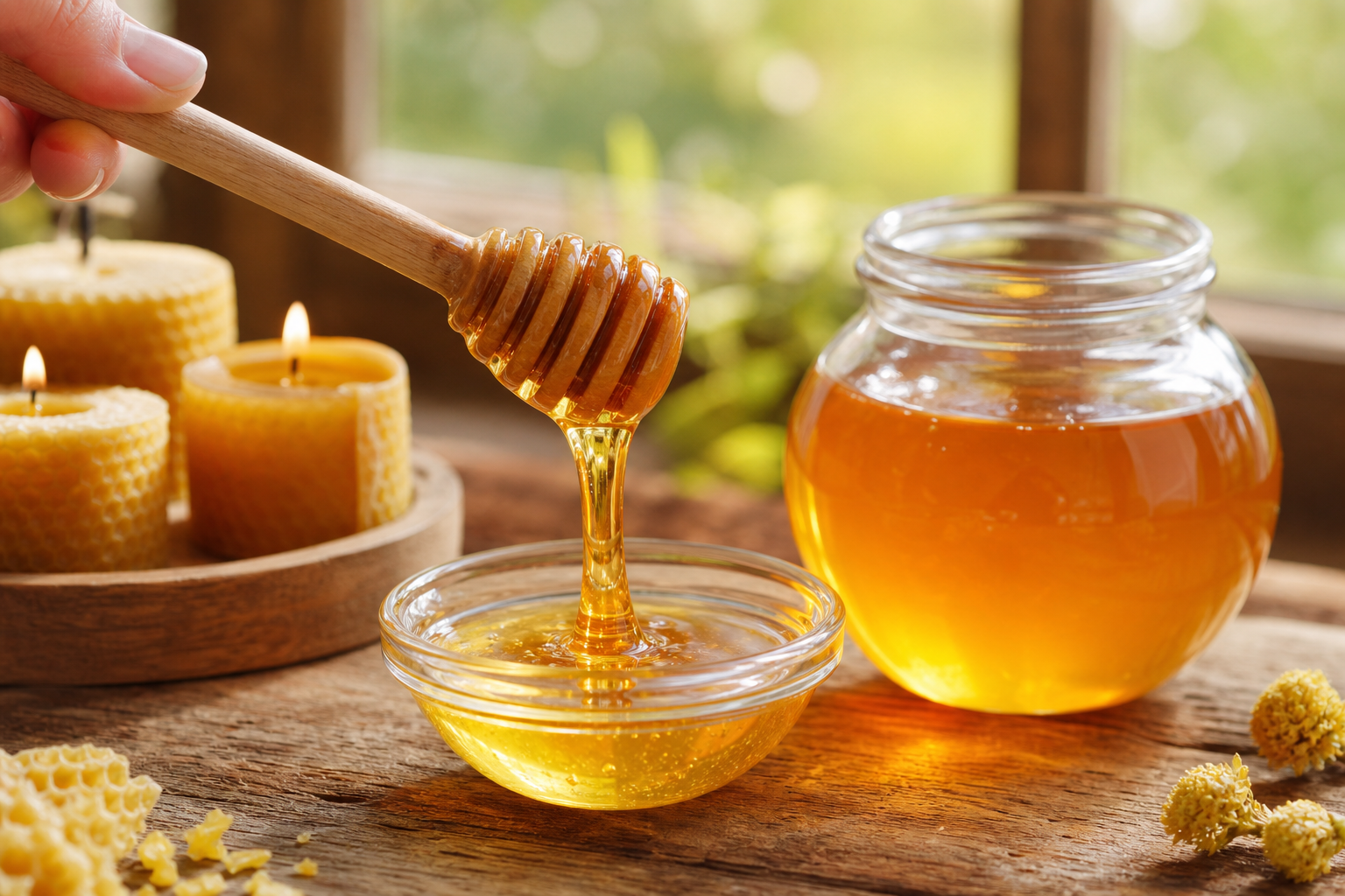 Raw honey being poured into a bowl beside beeswax candles and a jar of golden honey