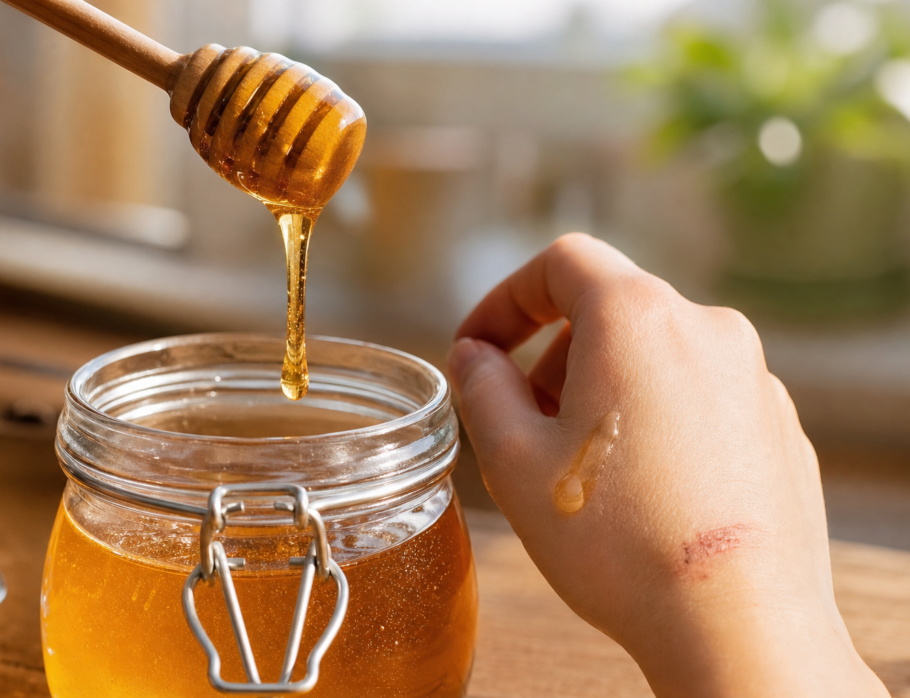 Raw honey dripping from a dipper onto a minor healed graze on a wrist, demonstrating raw honey for wound healing use