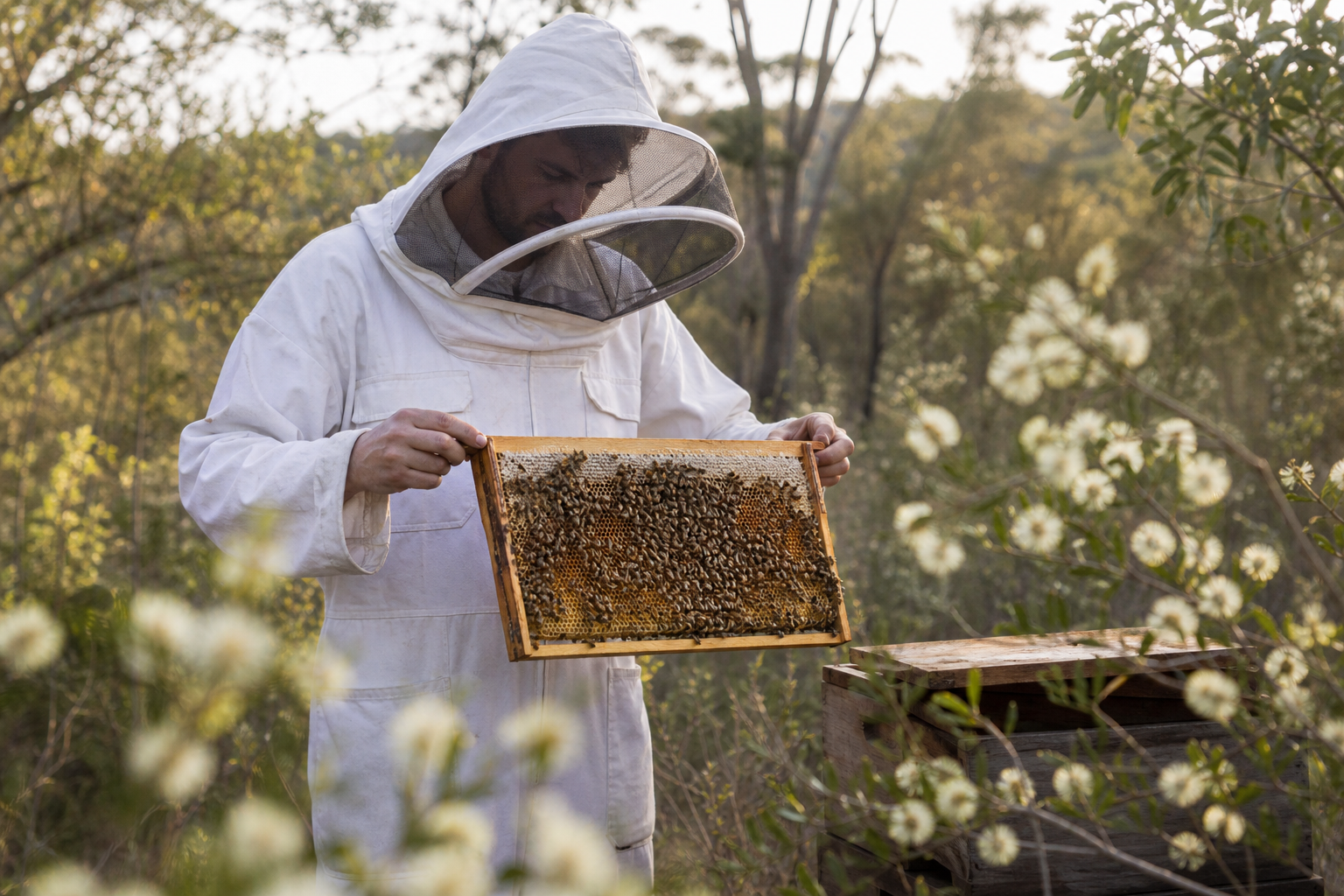 Queensland beekeeper inspecting a honeycomb frame near native tea tree blossom, source of antibacterial raw honey