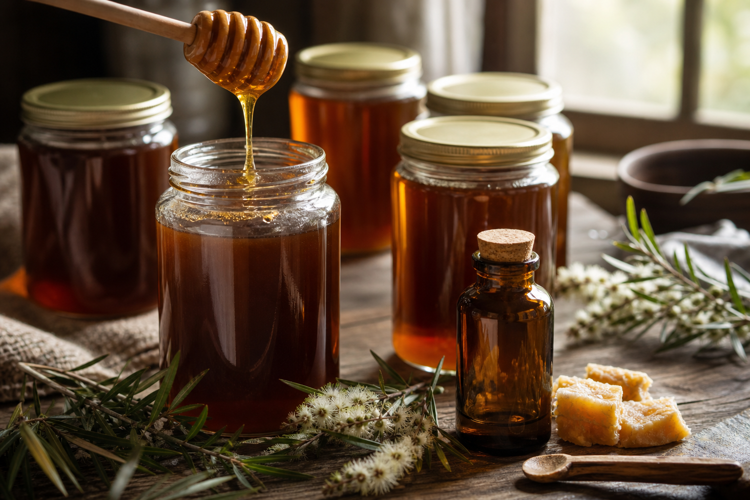 Jars of raw dark Queensland honey with beeswax and tea tree sprigs on a rustic table