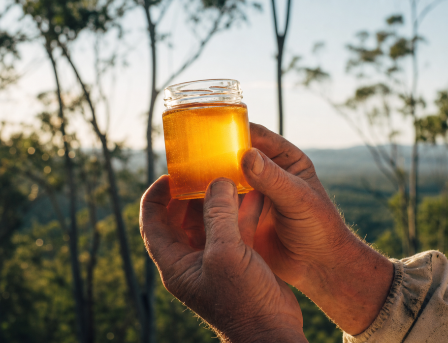 Beekeeper holding a jar of raw local honey from the Gold Coast hinterland