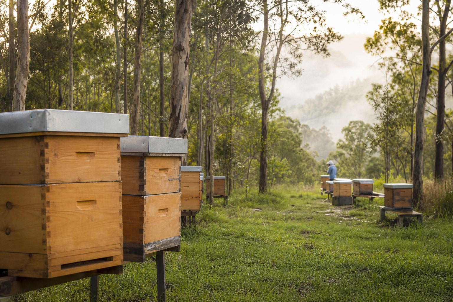 Wooden beehives among native Ironbark and Brushbox trees on the Gold Coast hinterland
