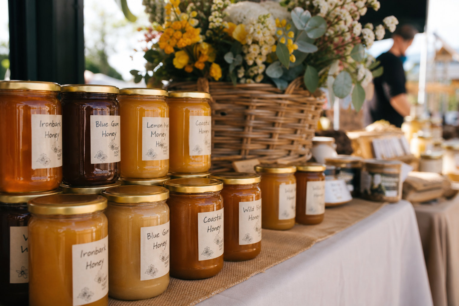 Jars of raw local honey with native Australian wildflowers at a Gold Coast market stall