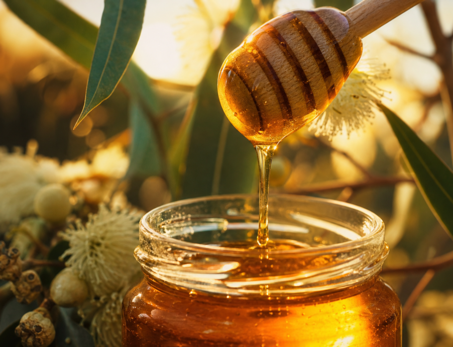 Golden Queensland raw honey dripping from a wooden dipper into a glass jar with eucalyptus blossoms in the background