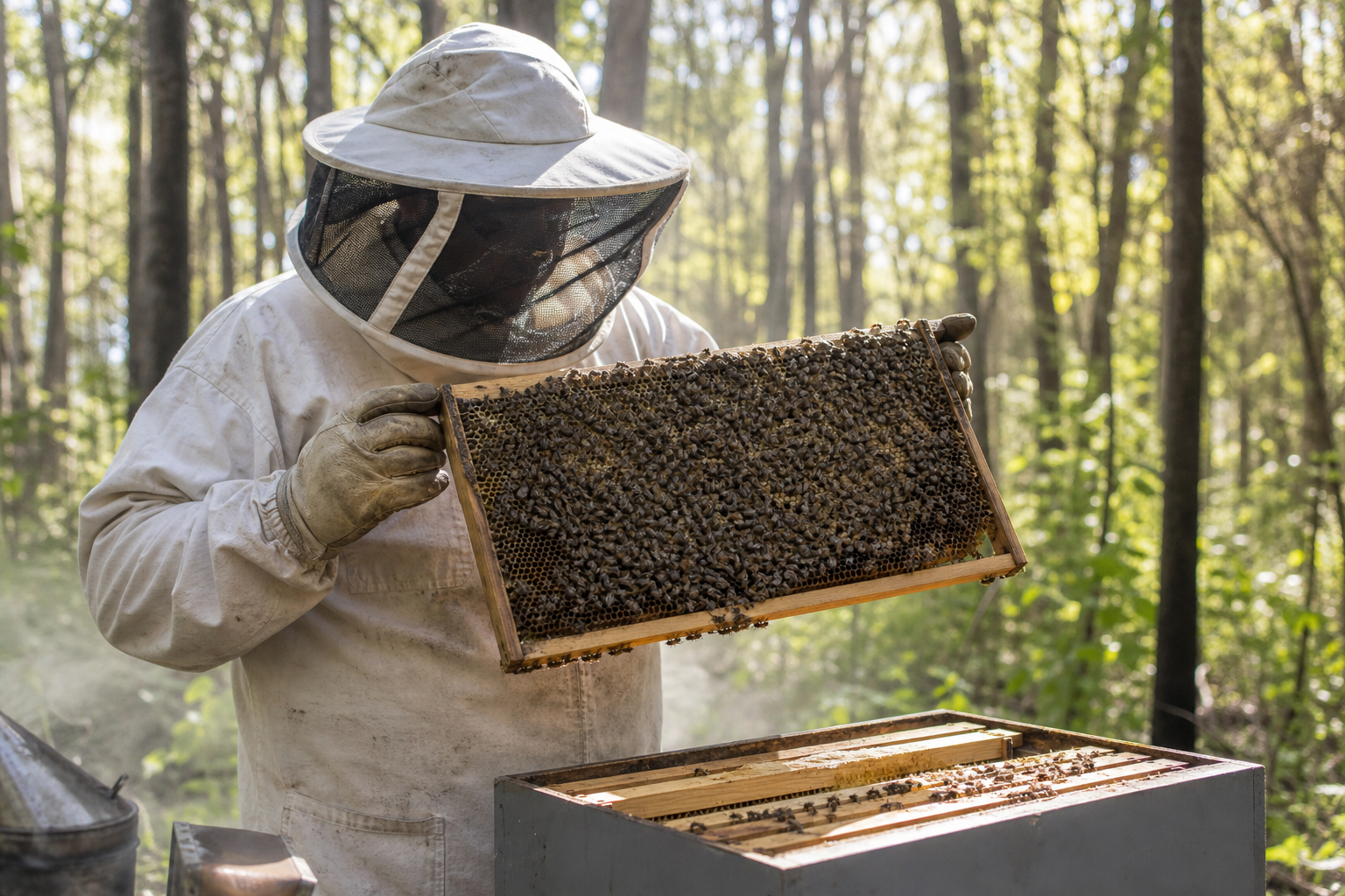 Beekeeper inspecting a hive frame of bees and honeycomb in a Queensland eucalyptus forest at Queensland Honey and Hives