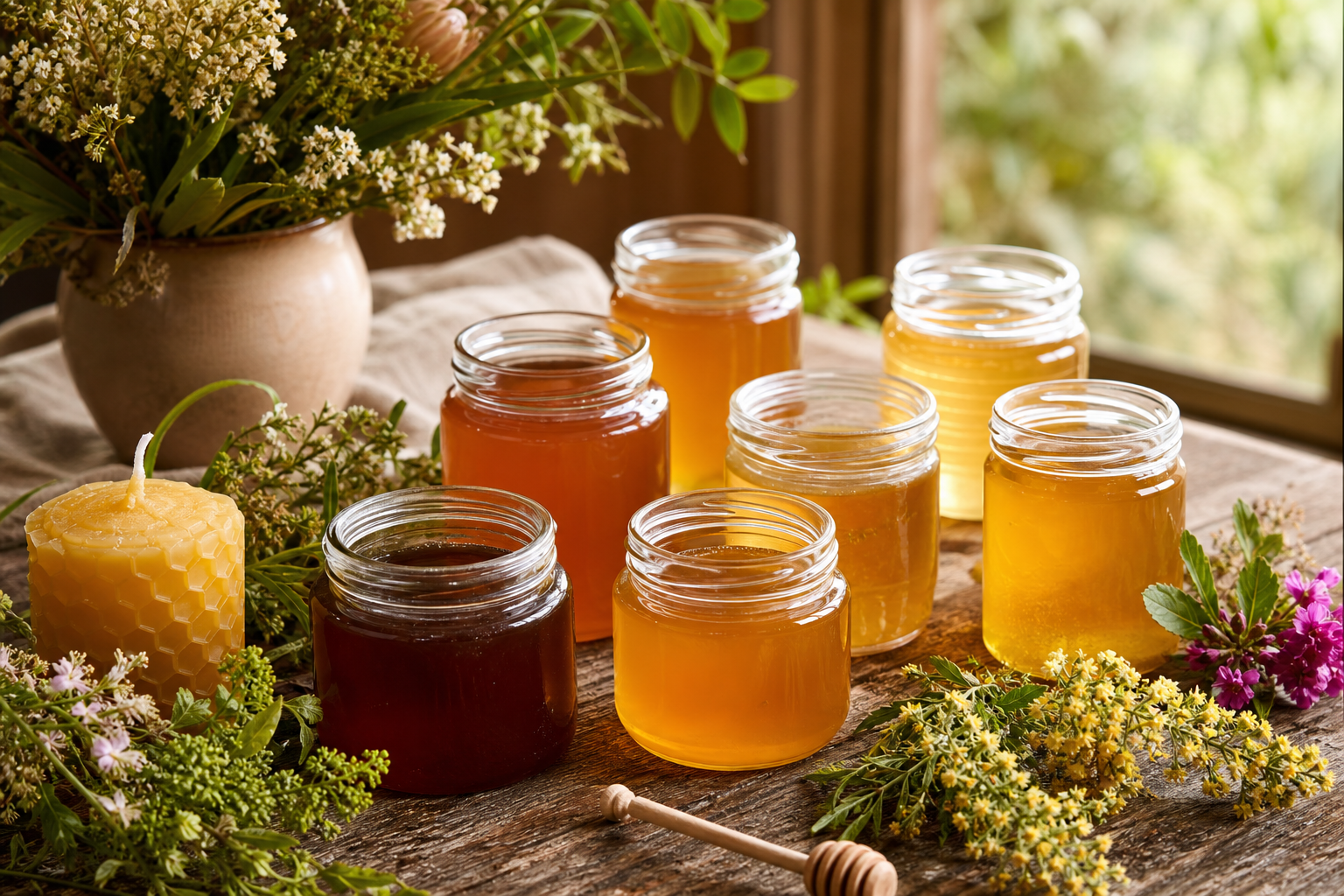Jars of single-origin Queensland raw honey varieties on a rustic timber table with native wildflowers and a beeswax candle