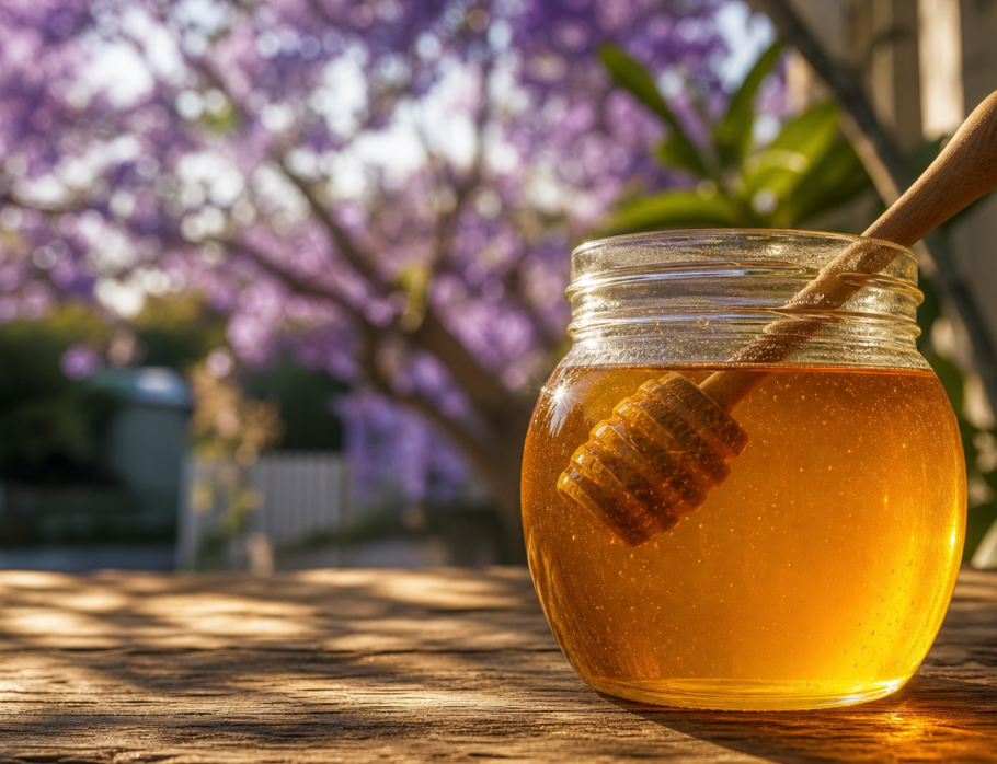 Jar of raw Brisbane honey with jacaranda blossom in the background