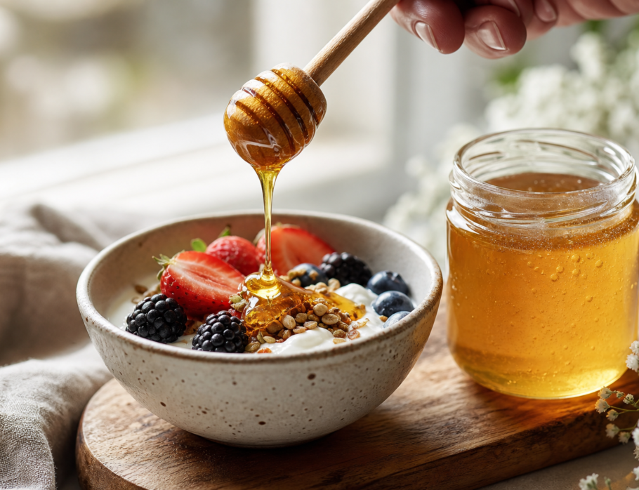 Raw honey Gold Coast drizzled over yoghurt and berries beside a jar of raw honey