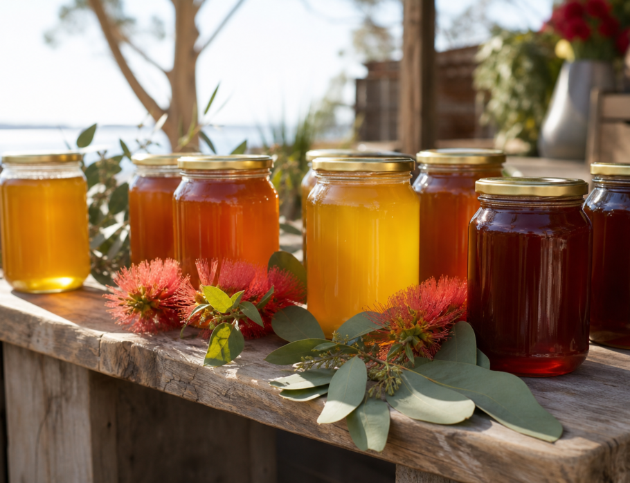 Jars of raw Gold Coast honey in varying shades on a market stall with eucalyptus and bottlebrush flowers