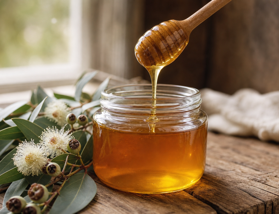 Pure honey Queensland raw honey dripping into a glass jar beside eucalyptus blossom