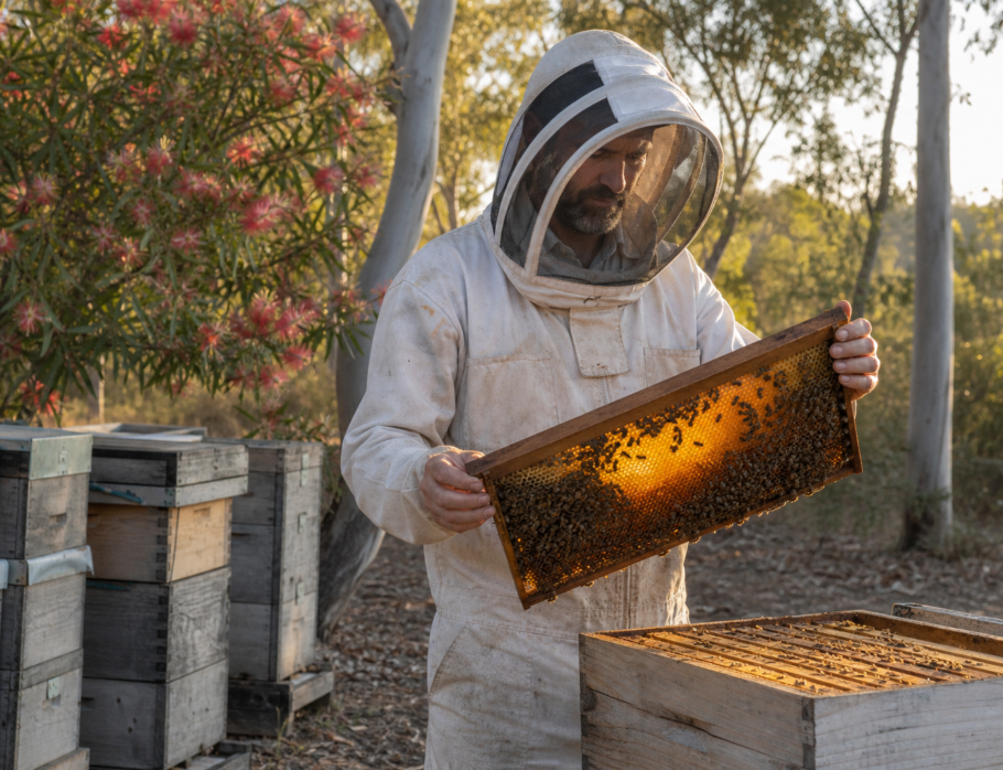 Queensland beekeeper holding a honeycomb frame beside apiary hives