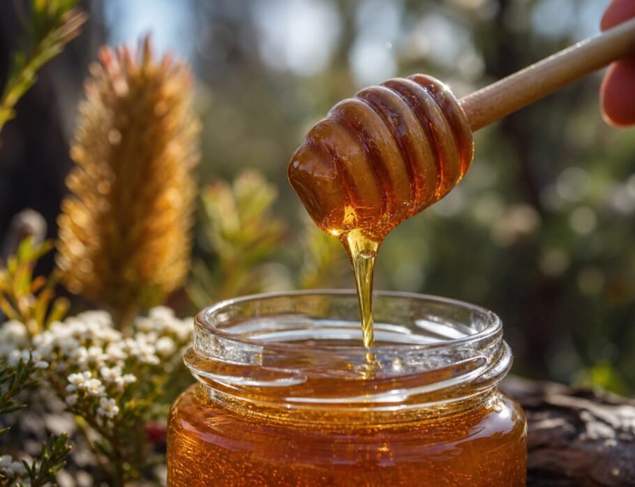 Raw honey dripping from a wooden dipper into a glass jar with native Australian flora