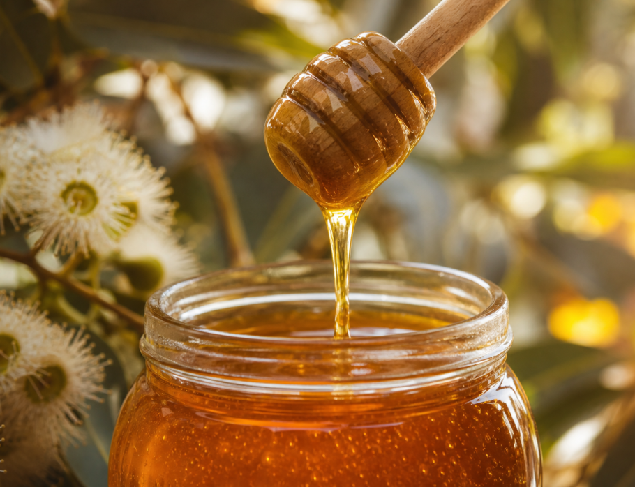Raw Gold Coast honey dripping from a wooden dipper into a glass jar with eucalyptus blossom