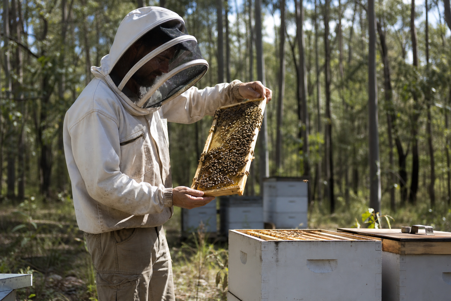 Queensland beekeeper inspecting a honeycomb frame beside beehives in a eucalypt forest