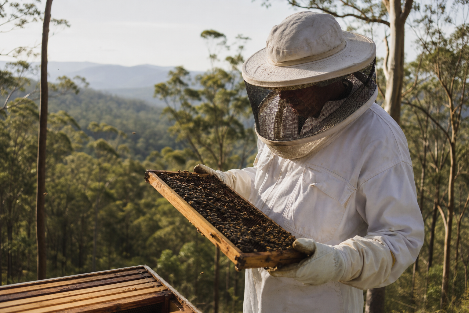 Gold Coast beekeeper inspecting a hive frame in South East Queensland bushland