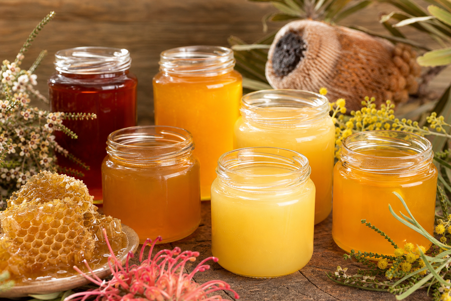Jars of raw Queensland honey with honeycomb and native Australian wildflowers