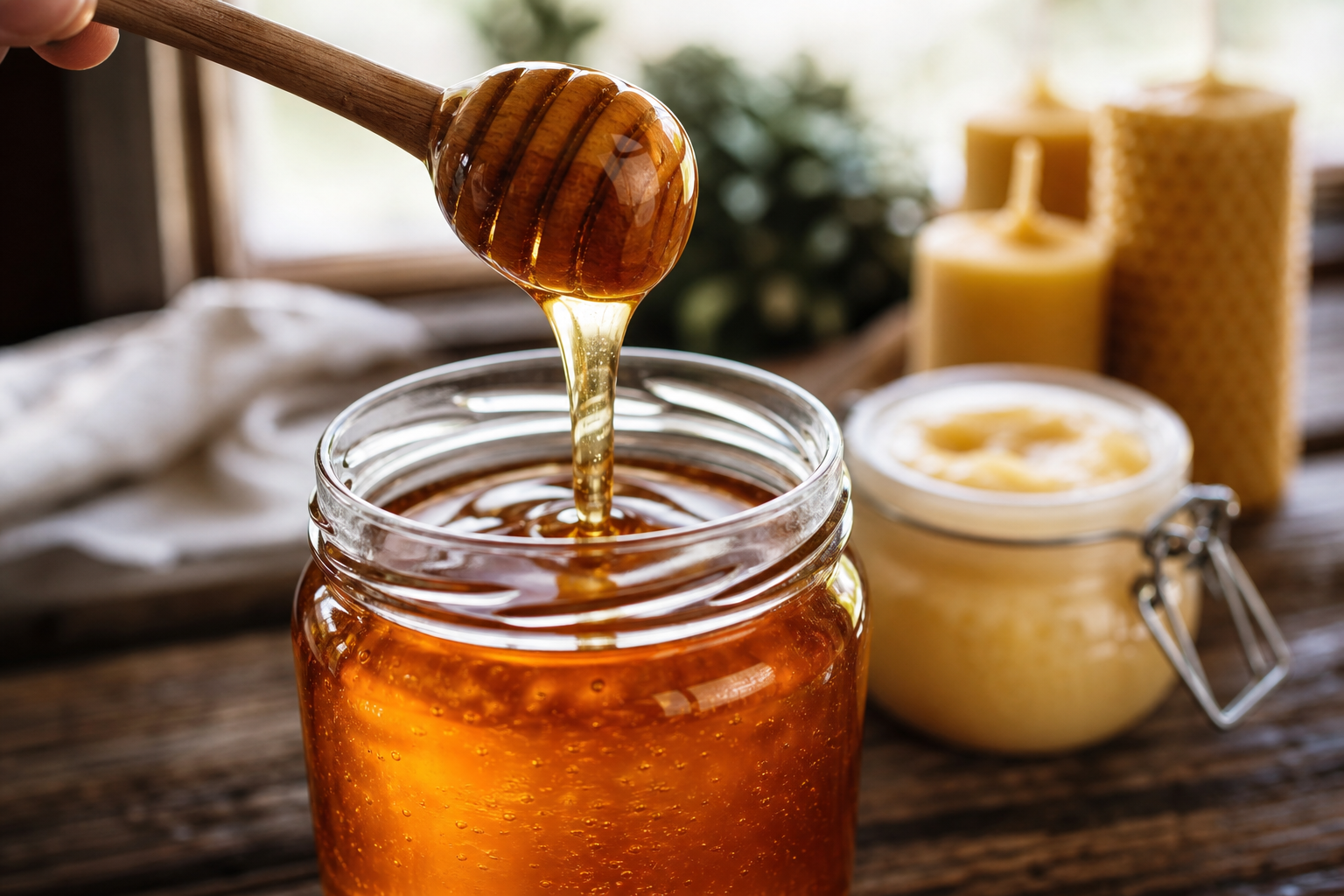 Raw honey poured from a dipper into a glass jar beside beeswax candles and creamed honey