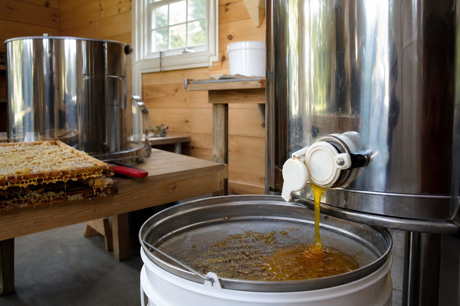Raw honey flowing through a coarse mesh strainer in a small Queensland extraction shed