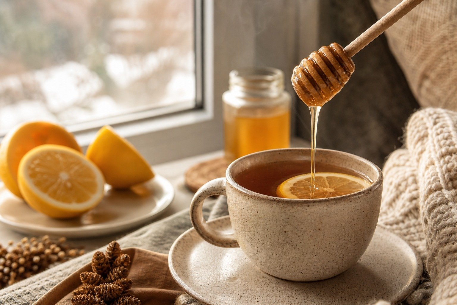 Raw honey being drizzled into a warm lemon tea for winter immune support