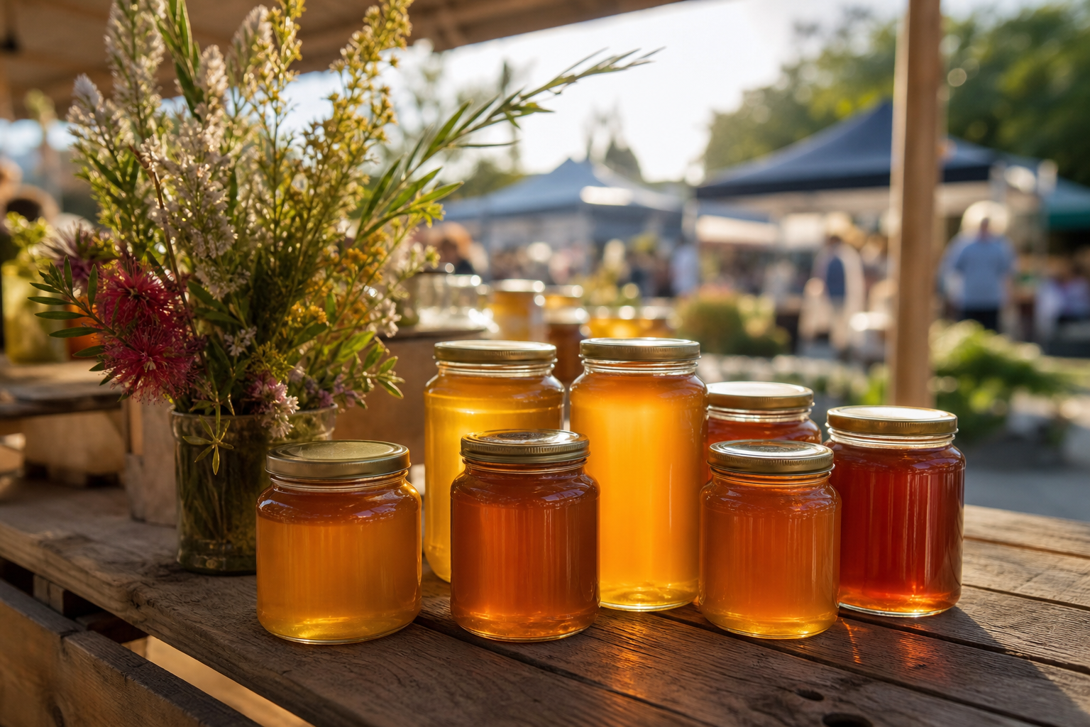 Jars of raw Gold Coast honey in different shades at a Queensland farmers market stall