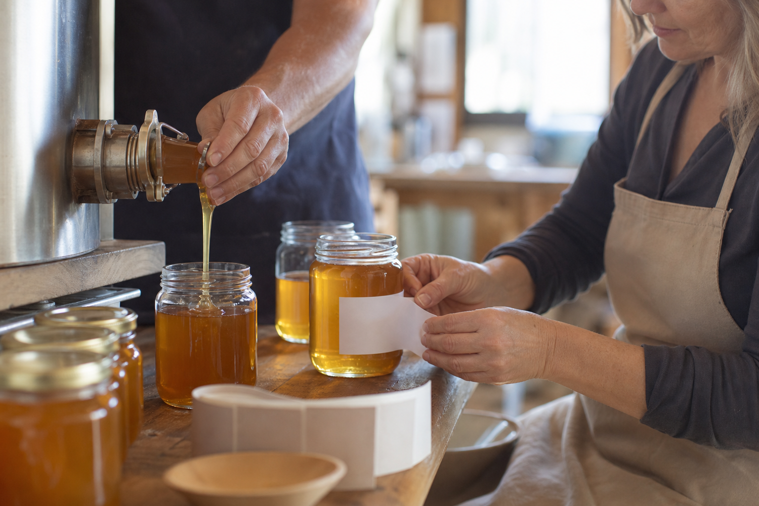 Jars of pure Queensland honey being filled and hand-labelled in a small family workshop