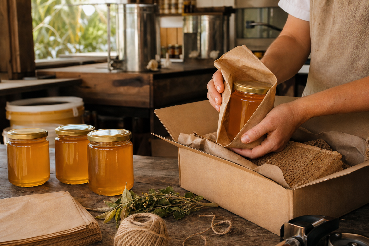 Jars of raw honey being wrapped and packed into a shipping box