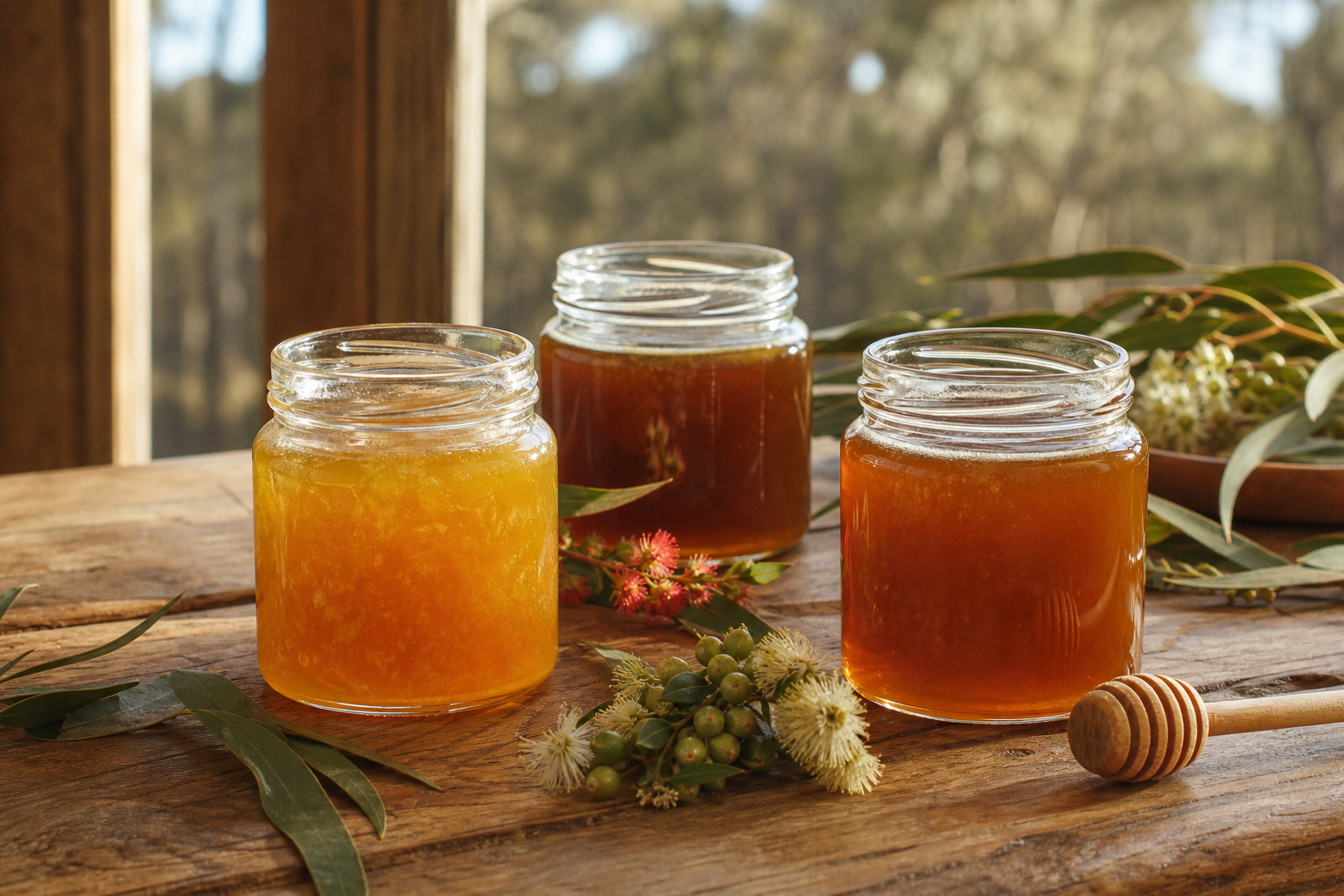 Australian raw honey varieties with eucalyptus foliage on a timber table