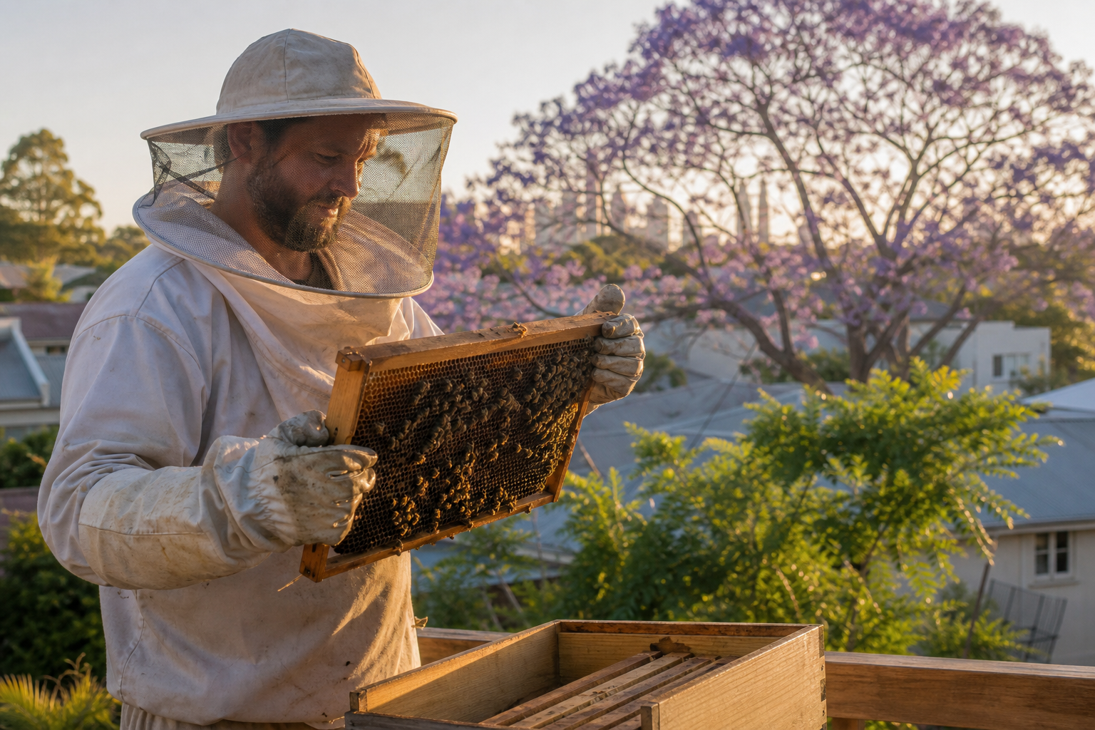 Backyard beekeeper inspecting a hive frame in suburban Brisbane with jacaranda trees
