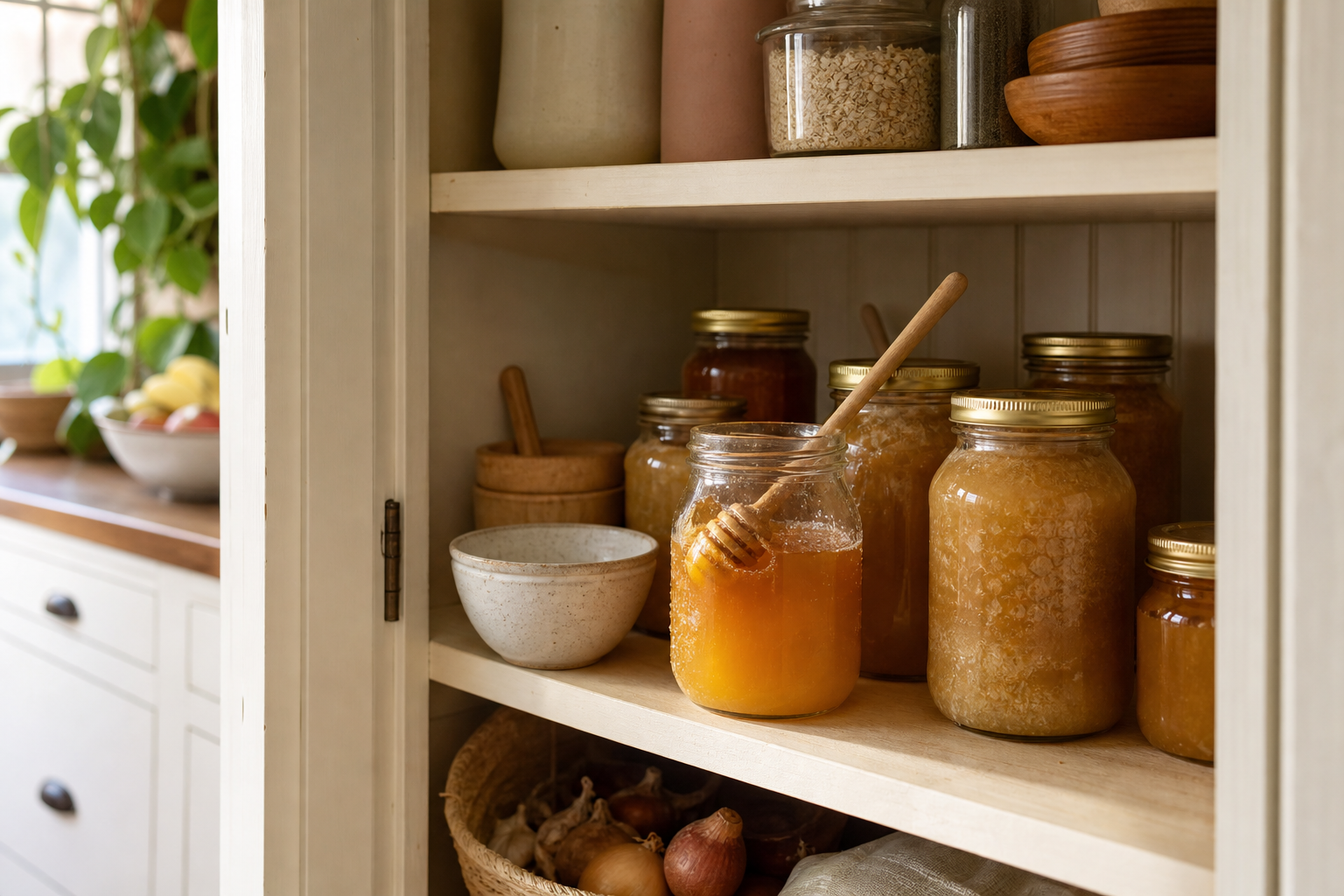 Jars of raw and crystallised honey stored in an Australian kitchen pantry
