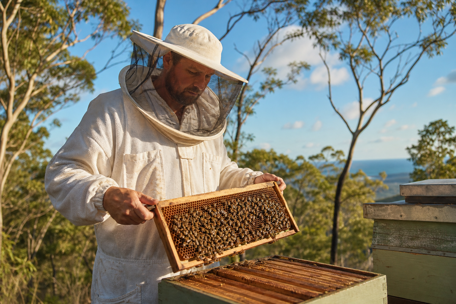 Queensland beekeeper inspecting honey bee frames near eucalyptus trees