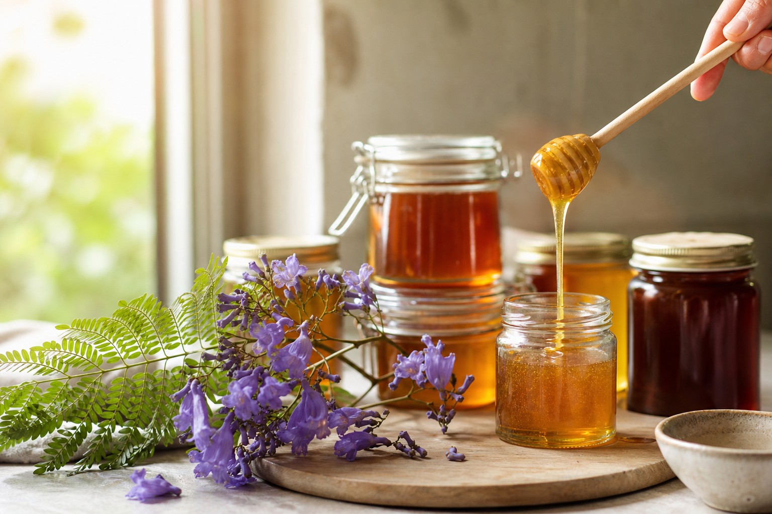 Raw honey being poured into a jar with jacaranda blossom sprigs nearby