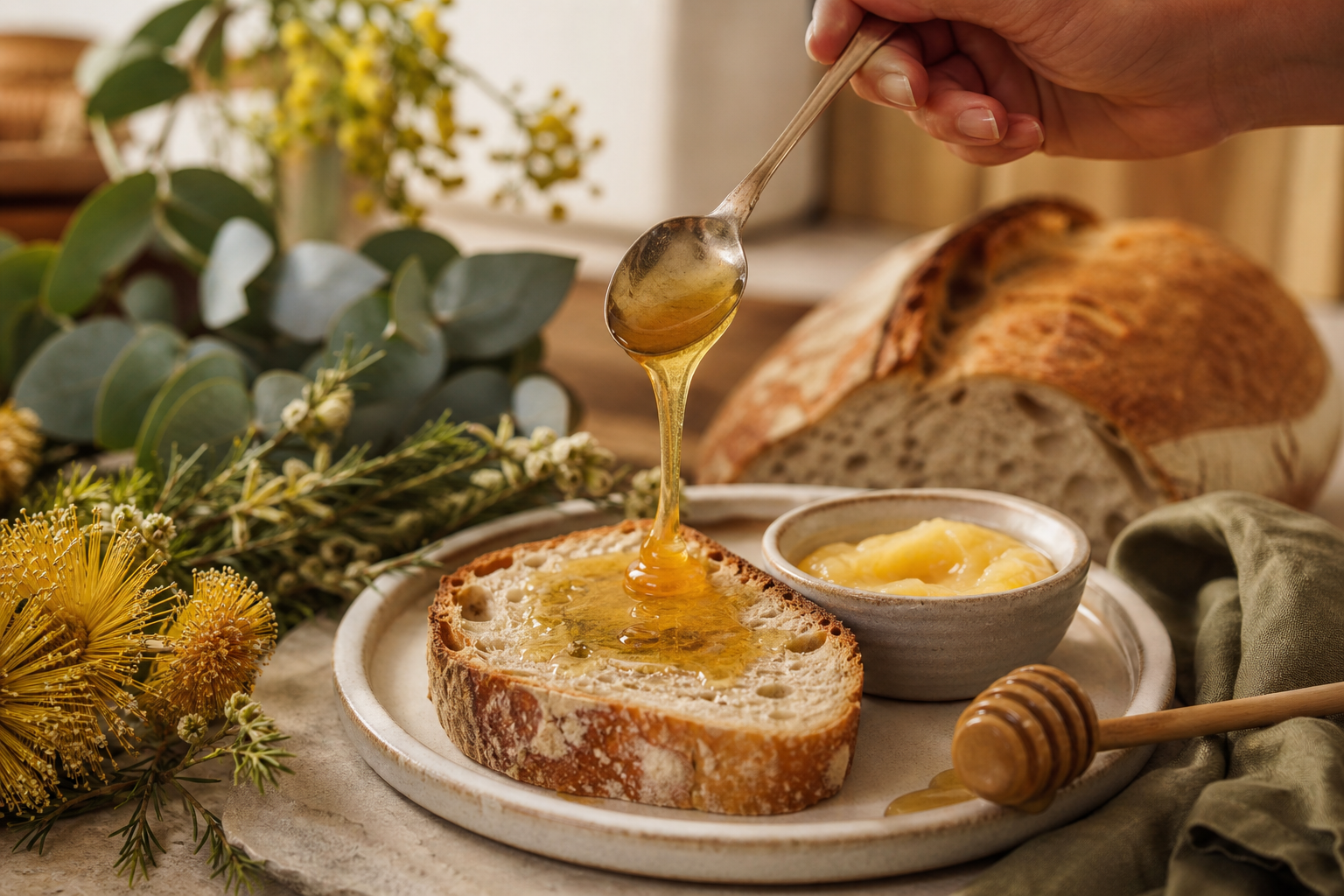 Golden raw honey poured over sourdough beside creamed honey