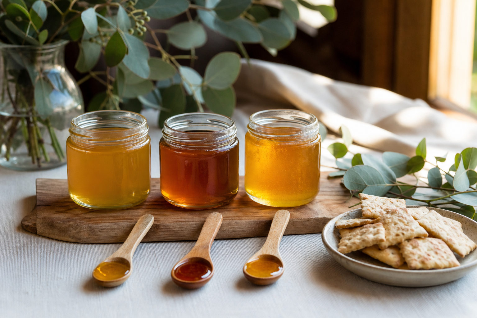 Australian honey tasting selection with jars, crackers and tasting spoons