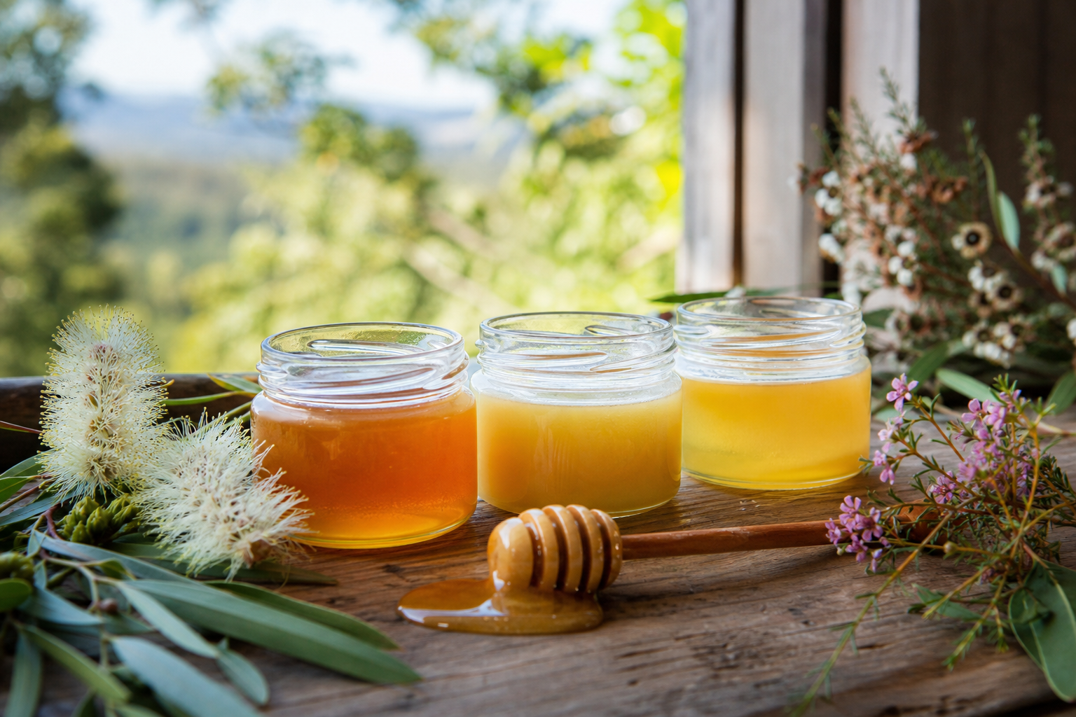Queensland raw honey tasting jars with native brush box foliage