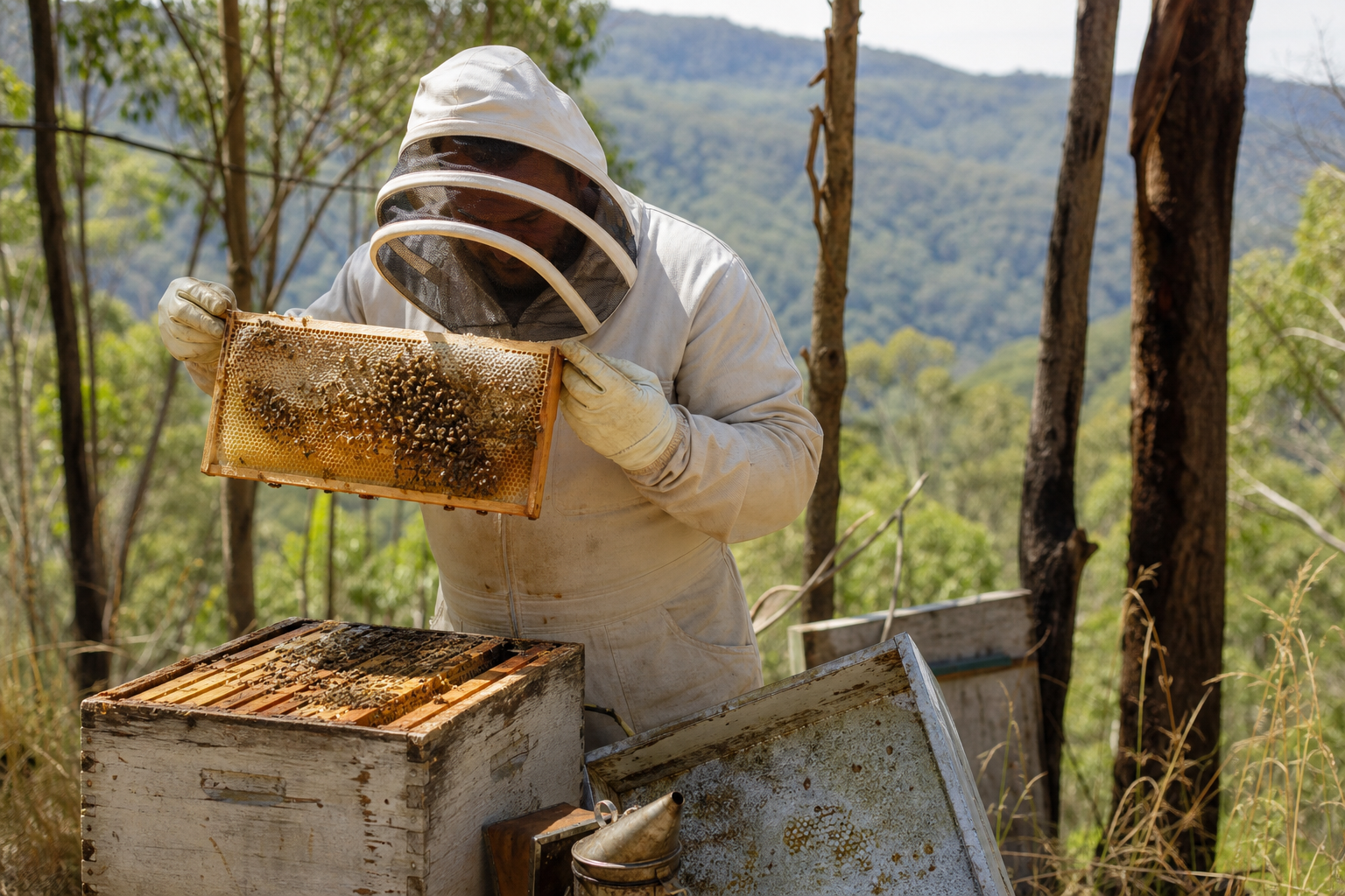 Beekeeper inspecting a hive in a Queensland hinterland clearing