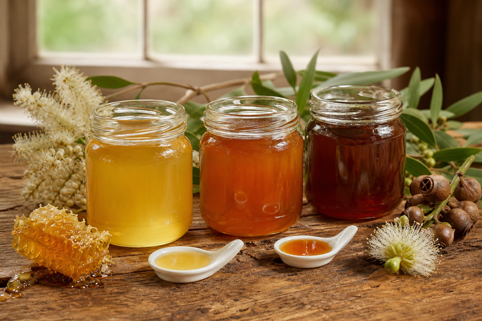 Seasonal Queensland honey varieties arranged for a tasting