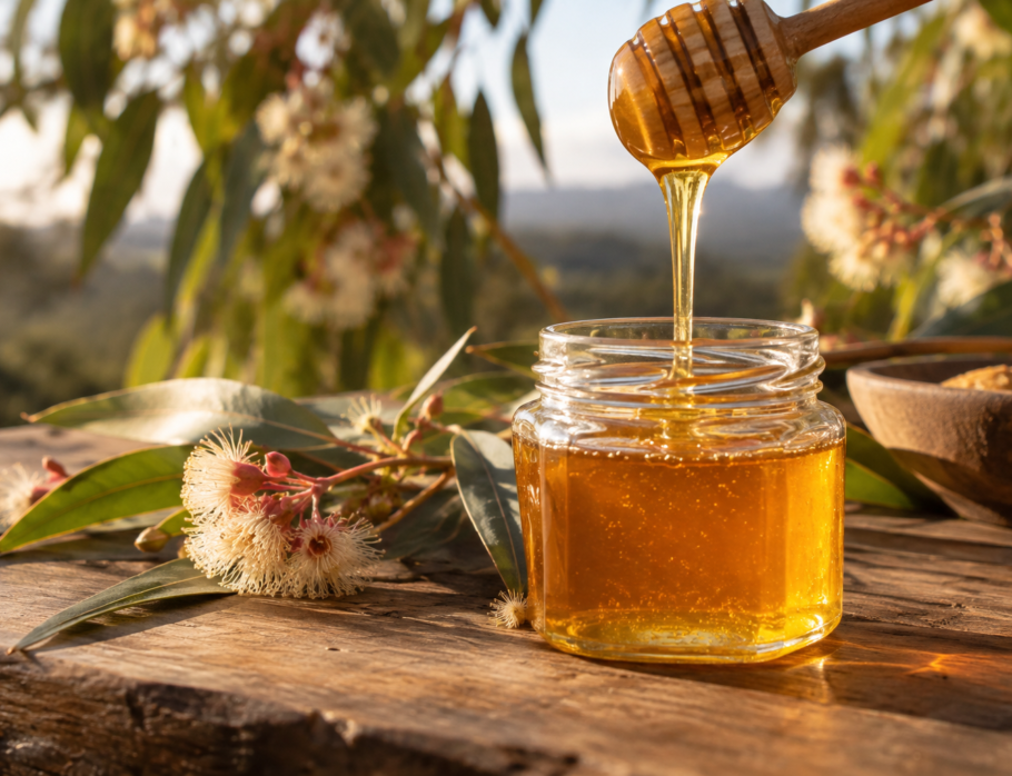 Golden raw honey being poured into a jar with native Australian gum blossoms, Gold Coast honey
