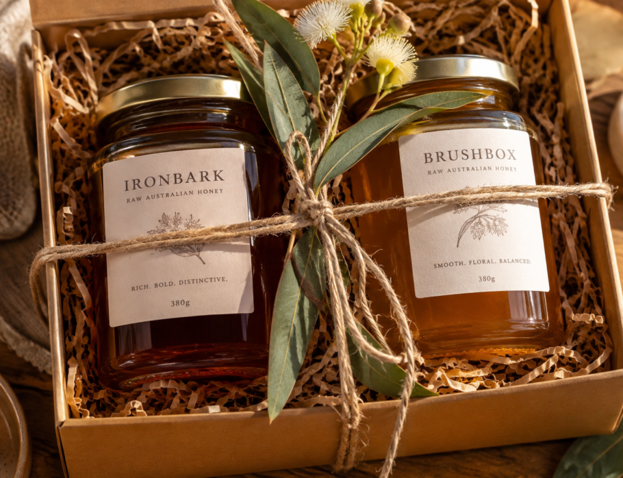Curated gift box of Ironbark and Brushbox raw Australian honey jars, honey gift packs Australia