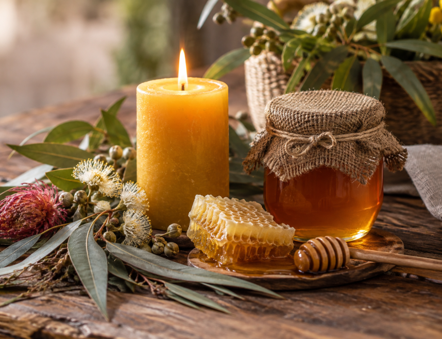 Beeswax candle and jar of raw honey gift arrangement with Australian native flora, Gold Coast