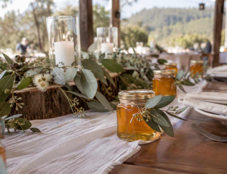Small glass jars of raw golden honey styled as wedding favours on a rustic wedding reception table with native eucalyptus sprigs