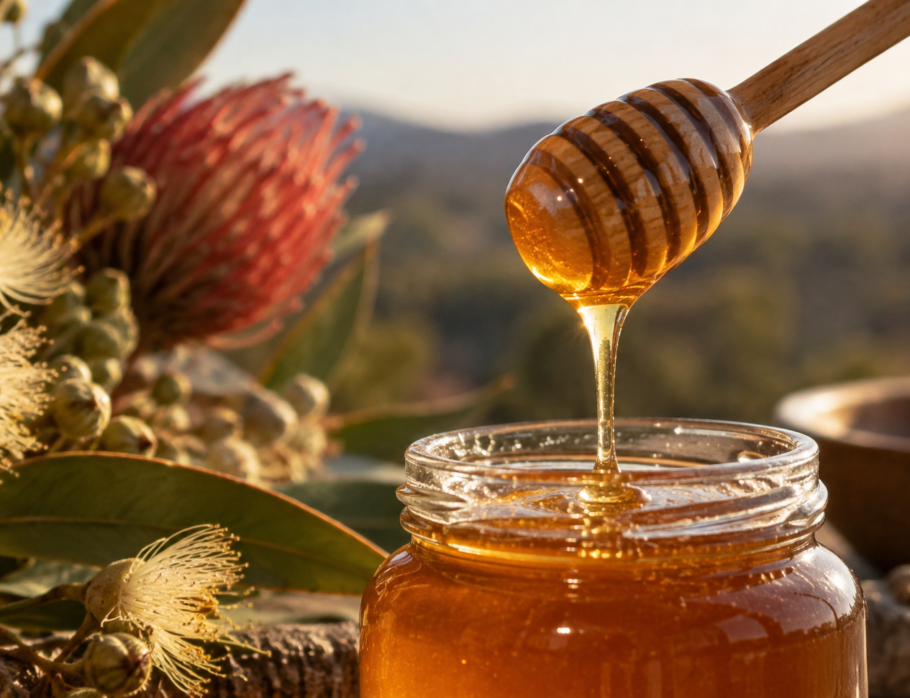 Golden raw honey dripping from a dipper into a jar with native Australian flora, Gold Coast