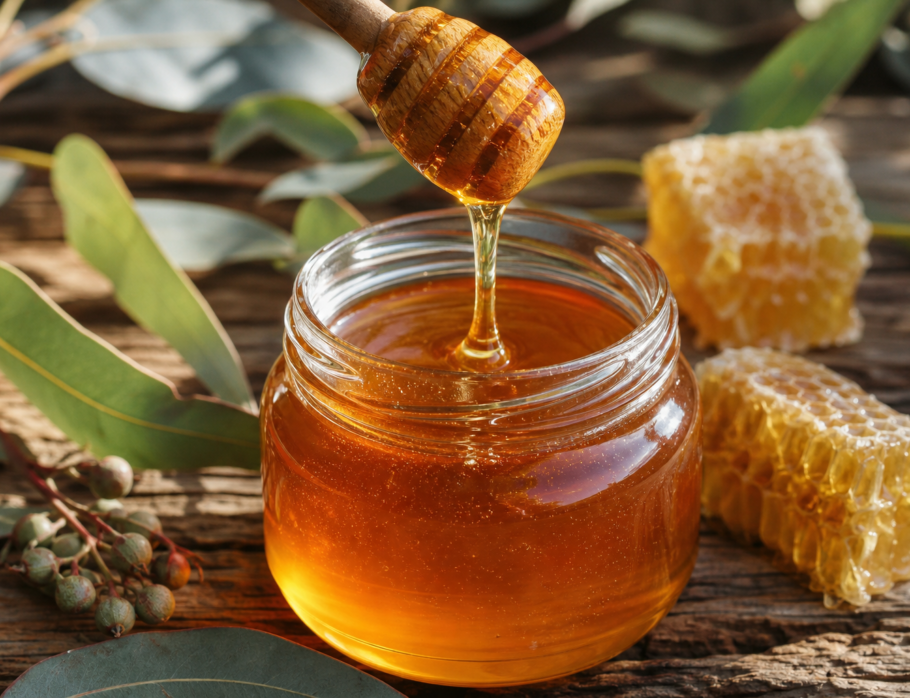 Raw golden honey being poured into a glass jar with honeycomb and eucalyptus leaves