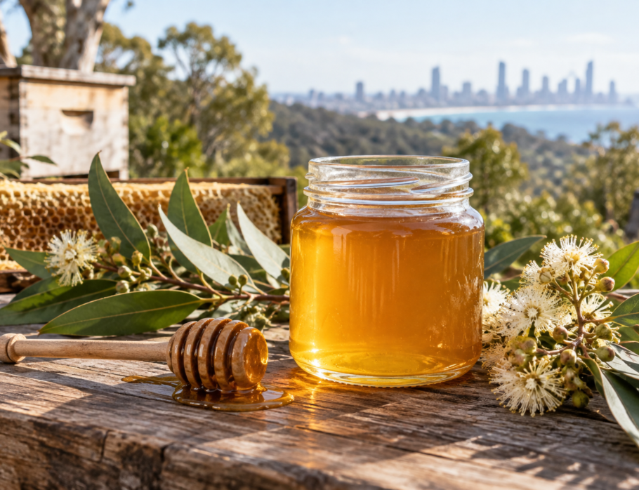 Golden raw Queensland honeycomb and native eucalyptus leaves in a small glass jar
